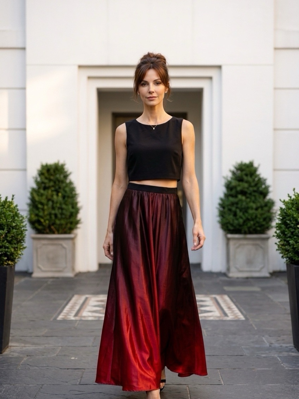 2271 - Betsy & Adam Black Crop Top with Red Ombre Satin Maxi Skirt